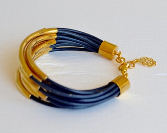 Navy Blue Leather Cuff Bracelet with Gold Tube Beads - Multi Strand Bangle Women's Bracelet ... by B A L O O S