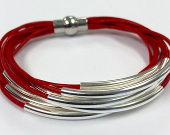Red Leather Cuff Bracelet with Silver or Gold Tube Beads - Multi Strand Bangle Women's Bracelet w/Magnetic Clasp