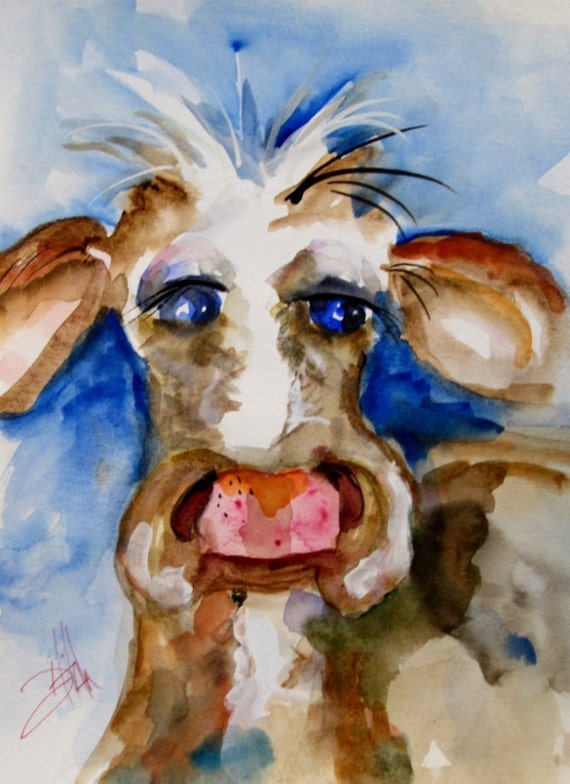 Whimsical cow painting original farm animal by Artbydelilah