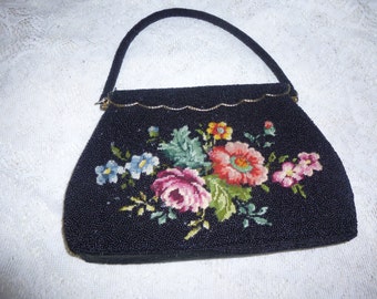 Vintage Black Beaded Needlepoint Floral Tapestry Purse