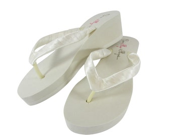 Wedge flip flops- Classic Ivory Wedge or White Wedge Bride/ Bridesmaid Satin Flip Flops- heel height: 3.5 -1.25 - 2 Plain Platform Sandals