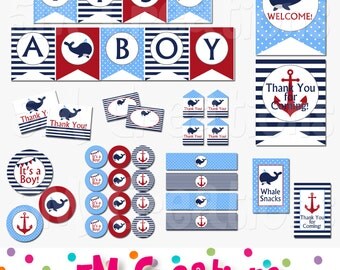Whale Baby Shower Decorations - Whale Party Package Navy Blue Red - Nautical Banner Cupcake Toppers - Digital Package - INSTANT DOWNLOAD