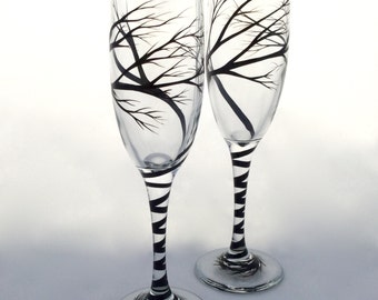 Tree Wedding Toasting Flutes, champagne glasses, hand painted branches, personalized in calligraphy