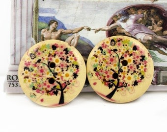 Wood Buttons - Flowers Tree Pattern wooden Buttons, 1.18 inch. 6 in a set
