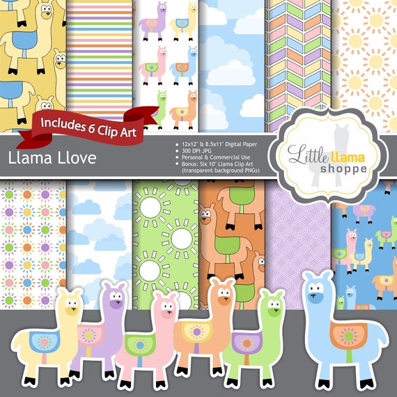 Llama Digital Paper Alpaca Scrapbook Paper by LittleLlamaShoppe