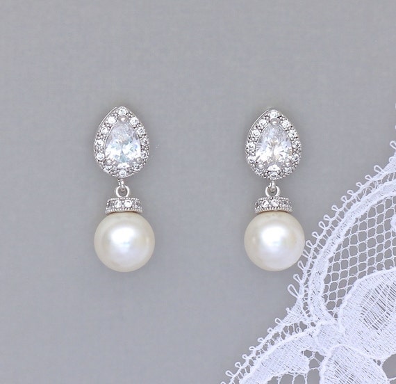 Pearl Drop Earrings Pearl Bridal Earrings Crystal & Pearl