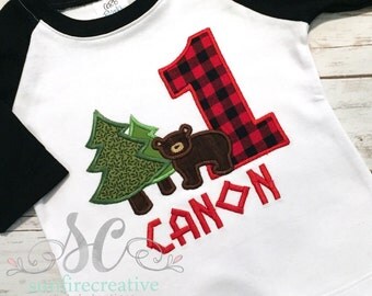 Boy Birthday Lumberjack Shirt Bear Trees - First Birthday Shirt - Boy Birthday Shirt - Woodland Birthday Shirt - Red Buffalo First Birthday