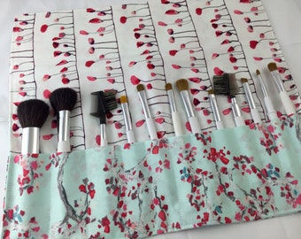 Makeup Brush Roll Holder - Makeup Brush Bag - Makeup Brush Organizer - Makeup Brush Case - Art Gallery Enchanted Leaves Air Blue and Red