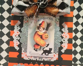 Halloween Card, Vintage Style Halloween, Greeting Card, Handmade Halloween Card, Black Cat, Shabby Card