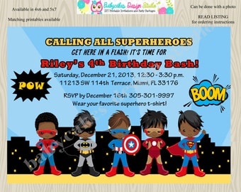 Superhero Birthday Party Invitation invite Super hero invitation superfriends african american superhero invitation batman spiderman ironman