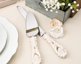 Personalized Vintage Antique Ivory Wedding Cake Knife and Server Serving Set with Engraving Personalization Server Engraved