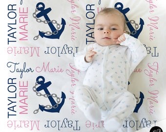 Nautical Baby Name blanket, personalized baby gift, anchor blanket, girl baby blanket, personalized blanket, girl name blanket with anchor