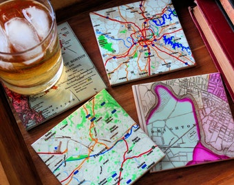 Custom Map Coasters_Personalized Coasters_Custom Tile Map Set_Hostess Gift_Wedding Favor_Coworker gift_ housewarming Gift_Home decor