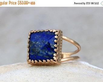 SUMMER SALE - Lapis lazuli ring,September birthstone ring,rose gold ring,vintage ring,gemstone ring,navy blue ring,square ring