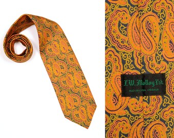 vintage mens necktie 60s 70s vintage wide tie mustard yellow paisley tie 1960 1970 wide silk men's tie F. W. Molloy LTD.