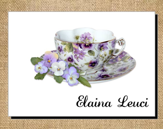 Beautiful Personalized Purple Violas Cup a Tea Teacup Note Cards - Invitations - Thank You Cards for Bridal Shower or Luncheon ~ Bridal Gift