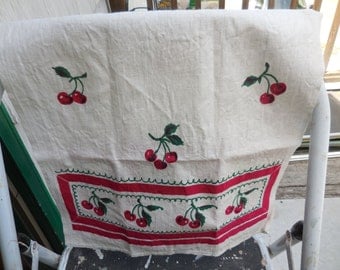 Vintage Star-Tex White Linen Kitchen Towel/Tea Towel With Red Cherries Cherry Fruit NOS Green Leaves 1950s