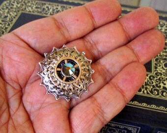 Steampunk Tie Tack (TT604) - Silver Snowflake Filigree - Brass Filigree and Gears - Swarovski Crystal