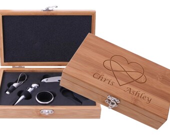 Engraved Five Piece Wine Tools Gift Set - Valentine's Day Wine Gift - Personalized Bamboo WineTool Set - Personalized Wedding Gift