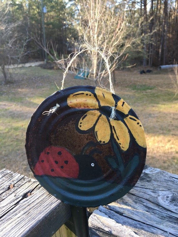 Tin Can Lid Art..Rusty Primitive Garden Art..Ladybug