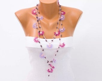 Beaded oya necklace ,crochet necklace, Turkish oya necklace ,crochet flower necklace