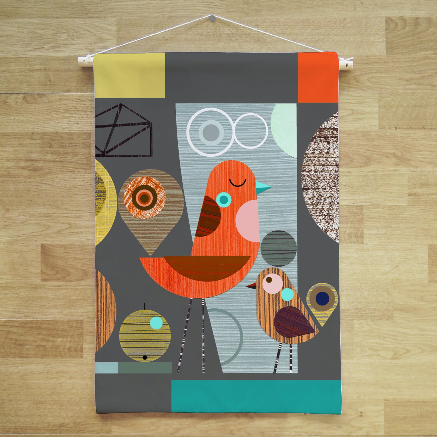 Little bird fabric wall hanging banner Ellen Giggenbach