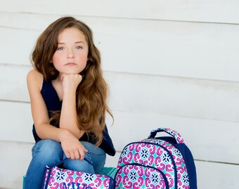 Personalized Kids Backpack / Monogrammed backpack / Girls backpack / in Mia Tile print LARGE size monogram, monogram kids backpack