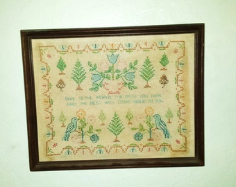 Cross Stitch, Vintage Framed Needlework, Motto, Embroidery Sampler