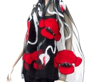 Nuno Felted Scarf merino wool silk floral Nuno felting shawl Red flowers