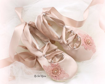 Ballet Flats, Flower Girl, Rose, Blush, Pink, Girl Flats, Confirmation, First Communion, Satin Flats, Bat Mitzvah, Ballet Slippers, Elegant