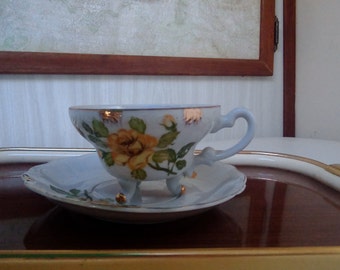Vintage Lefton China Teacup Set/Footed Cup and Saucer set, Fine China, Yellow/Green/Gold Floral Pattern