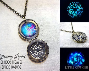 Glow in the Dark Galaxy Necklace - 23 Images - Glowing Space Locket in Antique Bronze or Silver - Nebula Stars Sci Fi Glow Jewelry
