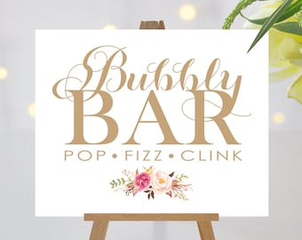 Bubbly Bar Sign | 8 x 10 Sign | DIY Printable | Vintage | Antique Gold | Romantic Blooms Accent | PDF and JPG Files | Instant Download