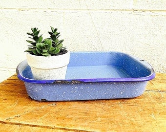 Enamelware Baking Pan | Light Blue and White Graniteware Rectangular Dish | Vintage Speckled Enamelware Baking Dish | Enamel Cookware