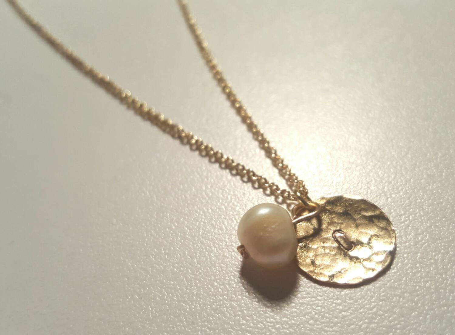 Dainty Hammered Gold Initial Necklace with Pearl