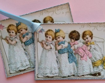SALE! Glittered Christmas Tags ~ Hand Glittered Little Vintage Girls Christmas Tags, Old-Fashioned, Vintage Style, with Ribbon