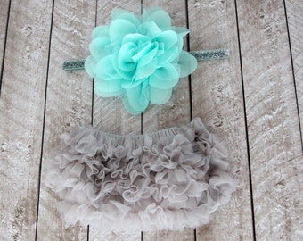 Baby Girl Ruffle Bottom Bloomer & Headband Set in Gray and Aqua - Newborn Photo Set - Infant Bloomers - Diaper Cover - Baby Gift - Birthday