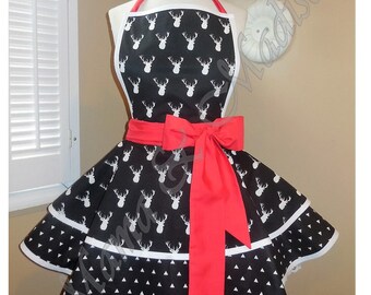 Black And White BuckPrint Accented with Red Woman's Retro Apron With Tiered Skirt And Bib