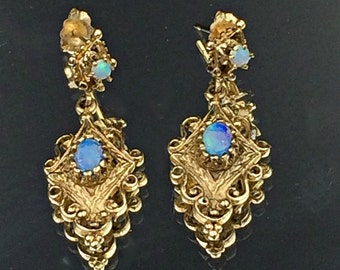 Opal 14k Gold Earrings,Antique Victorian Revival Gold Opal Earrings, Iridescent Opalescent Gem, October Birthstone, Antique Opal Earrings