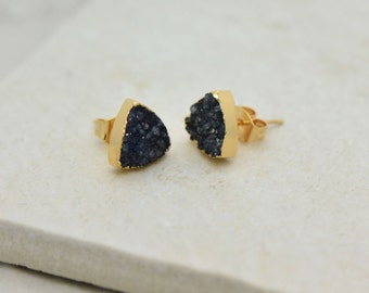 Black Triangle Druzy Crystal Earring Posts with 24K Gold Dipped 10mm Triangle Earring Studs