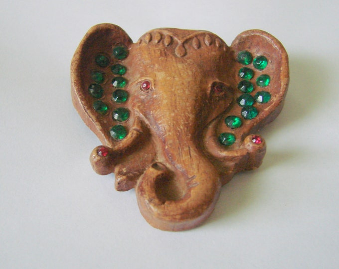 Antique Figural Wood Elephant Brooch / Green & Red Rhinestones / Large Hand Carved / Vintage Jewelry / Jewellery