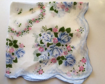 Vintage Hankie Handkerchief Blue and Pink Floral Design