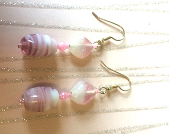 Pink an White Glass Dangle Earrings approx 2 inches Ladies Jewellery Gifts for her handmade earrings dropper dangle earrings