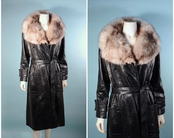 Vintage 60s Black Leather Midi Coat + Fluffy Fox Fur Trim, Mod Leather Trench Coat + Belt M