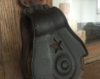 Vintage Cast Iron and Wood Pulley with Star cut out