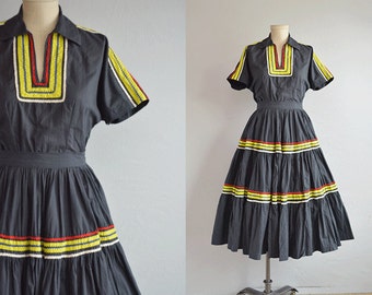 Vintage 1950s Patio Dress / 50s Square Dance Cotton Circle Skirt and Top with Rick Rack / Charcoal Grey Lime Red Two Piece Squaw Dress
