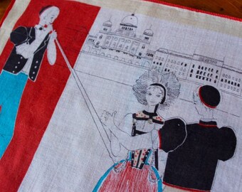 Vintage Linen Handkerchief Hankie Souvenir Bern Switzerland Folk Dancers Swiss Horn Alpine Cotton