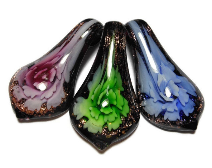 Murano Lampwork Glass Pendant, your choice of one of six colors, 50mm X 30mm, floral water drop with copper colored foil accents, per piece
