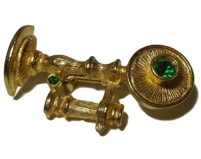 FREE SHIPPING Gerry's telephone brooch, candlestick telephone pin, gold tone green rhinestones, detailed figural phone brooch, old fashioned