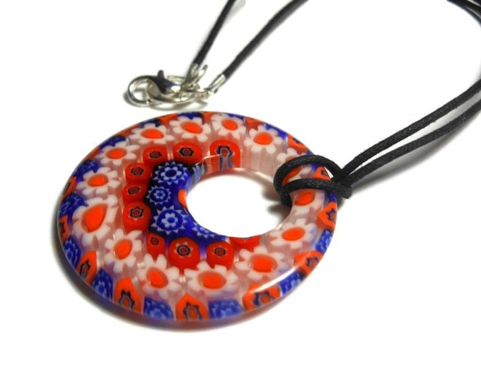 Millefiori glass pendant, 40mm round blue orange and white flowers, orange and white daisies, round go-go black cord, silver plated findings